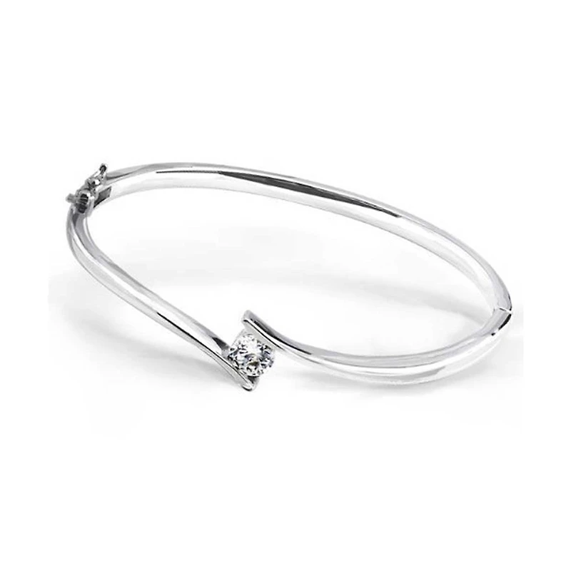 Bling Jewelry Simple Geometric Cz Solitaire Bypass Bangle Bracelet Sterling Silver Safety Clasp