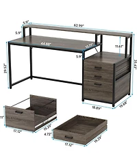 Tribesigns 63 Inch Computer Desk with File Drawer Cabinet, Ergonomic Office Monitor Stand, Table Printer Space, Wood Pc