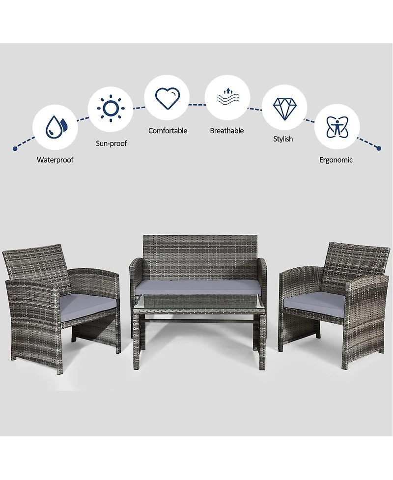 Slickblue 4 Pcs Patio Rattan Furniture Set Top Sofa With Glass Table