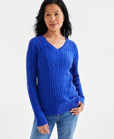 Style & Co Women's Cotton Cable-Knit V-Neck Sweater, Created for Macy's
