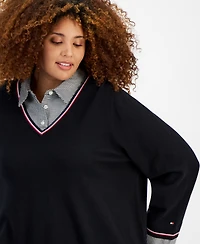 Tommy Hilfiger Plus Size Plaid Layered-Look Cotton Sweater