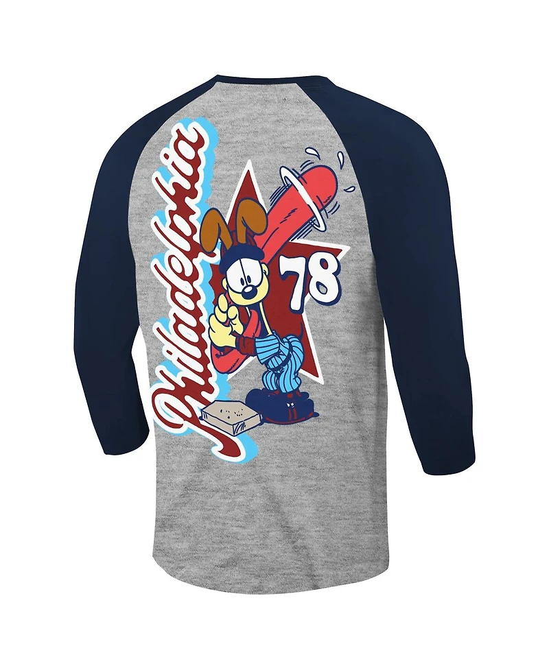 Ripple Junction Men's Heather Gray/Navy Garfield Philadelphia Baseball 3/4-Sleeve Raglan T-Shirt