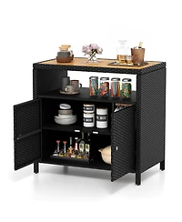 Slickblue Rattan Storage Cabinet with Acacia Wood Countertop for Poolside Deck and Patio