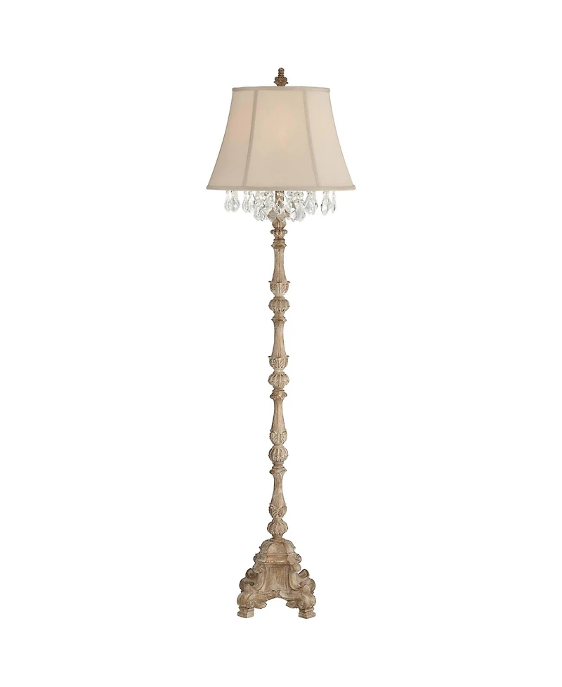 Barnes and Ivy Duval Country Cottage Floor Lamp 63 1/2" Tall Distressed Faux Wood Candlestick Crystal Glass Beading Cream Bell Shade for Living R