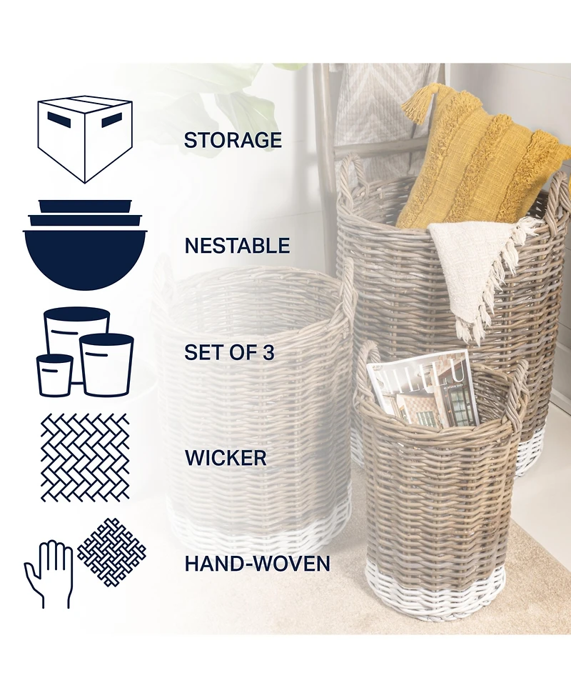 Jonathan Y Ternion Cottage Hand-Woven Rattan Nesting Baskets with Handles, Kubu Gray/White (Set of 3)