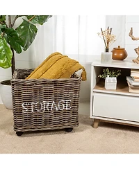 Jonathan Y Yael Coastal Hand-Woven "Storage" Rattan Basket with Wheels and Handles, Kubu Gray