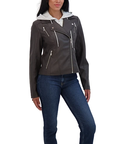 Sebby Collection Women's Faux Leather Biker Jacket With Removeable Hood Bib