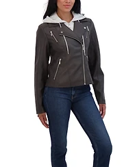 Sebby Collection Women's Faux Leather Biker Jacket With Removeable Hood Bib