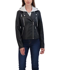 Sebby Collection Women's Faux Leather Biker Jacket With Removeable Hood Bib