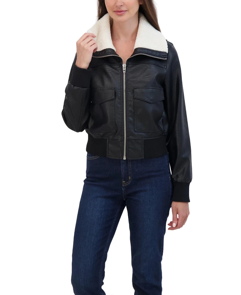 Sebby Collection Women's Faux Leather Bomber With Faux Fur Collar