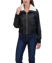 Sebby Collection Women's Faux Leather Bomber With Faux Fur Collar