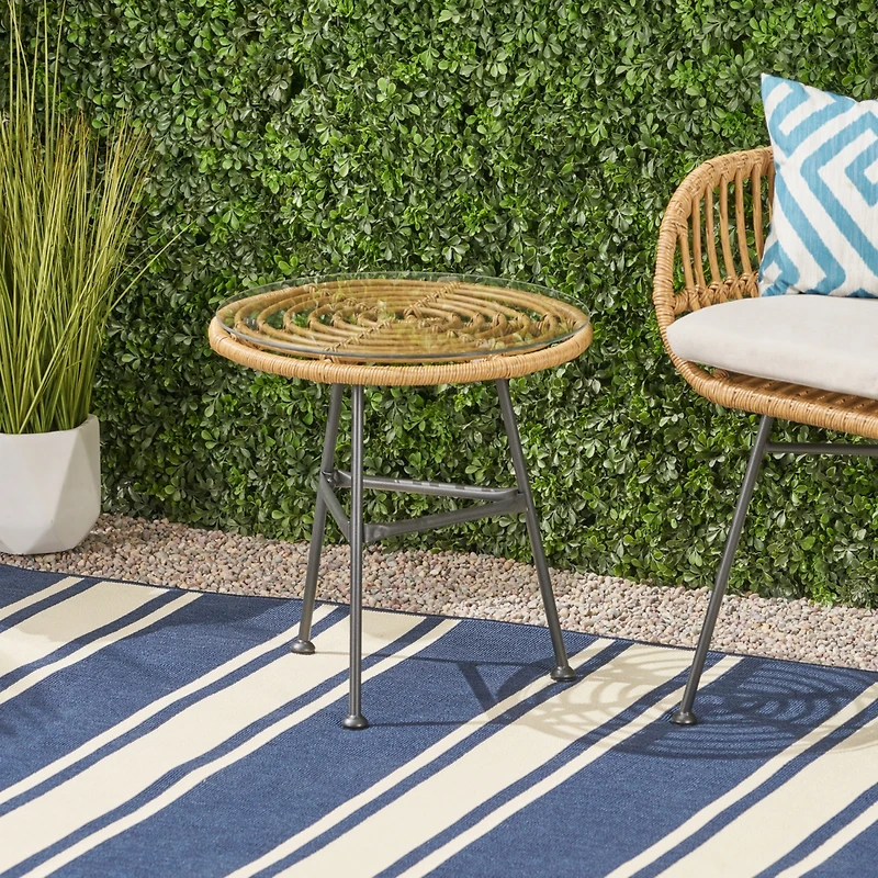 Simplie Fun Modern Rattan Side Table With Tempered Glass Top