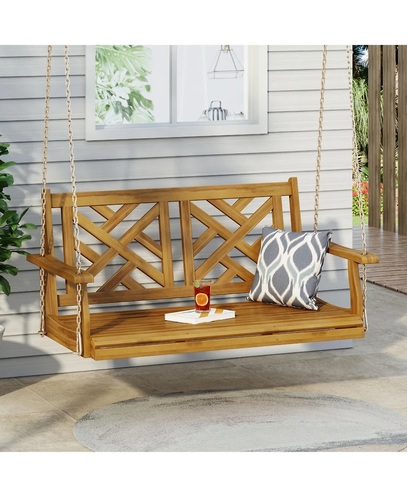 Simplie Fun Acacia Wood Porch Swing With Slat Panel Seating