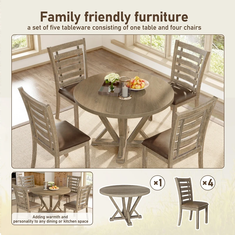 Simplie Fun Modern Farmhouse Round Dining Table, 45.7", Rustic Grayish Brown