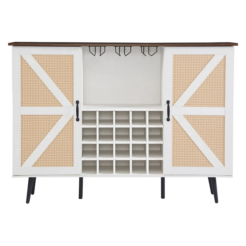 Simplie Fun White Faux Rattan Wine Cabinet with Wine Rack & Glass Holder