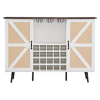 Simplie Fun White Faux Rattan Wine Cabinet with Wine Rack & Glass Holder