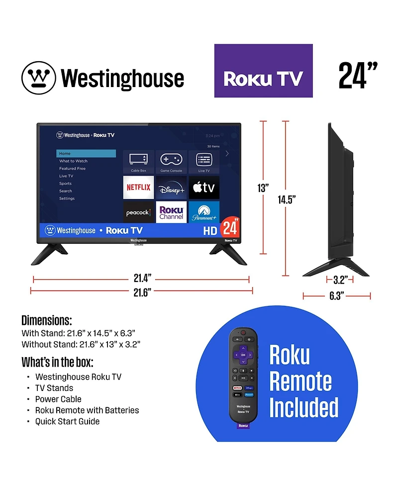 Westinghouse 24" Roku Smart Tv – 720p Hd Led with Wi-Fi, Flat Screen Compatible with Apple HomeKit, Alexa, Google Assistant