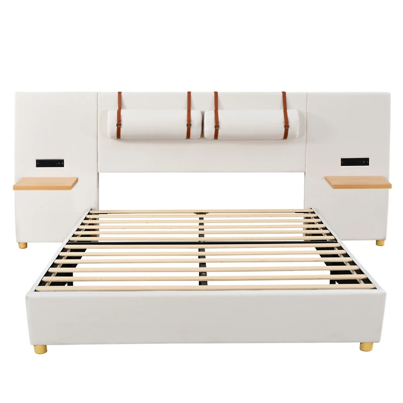 Streamdale Queen Bed with Outlets, Pillows, Shelves, Velvet