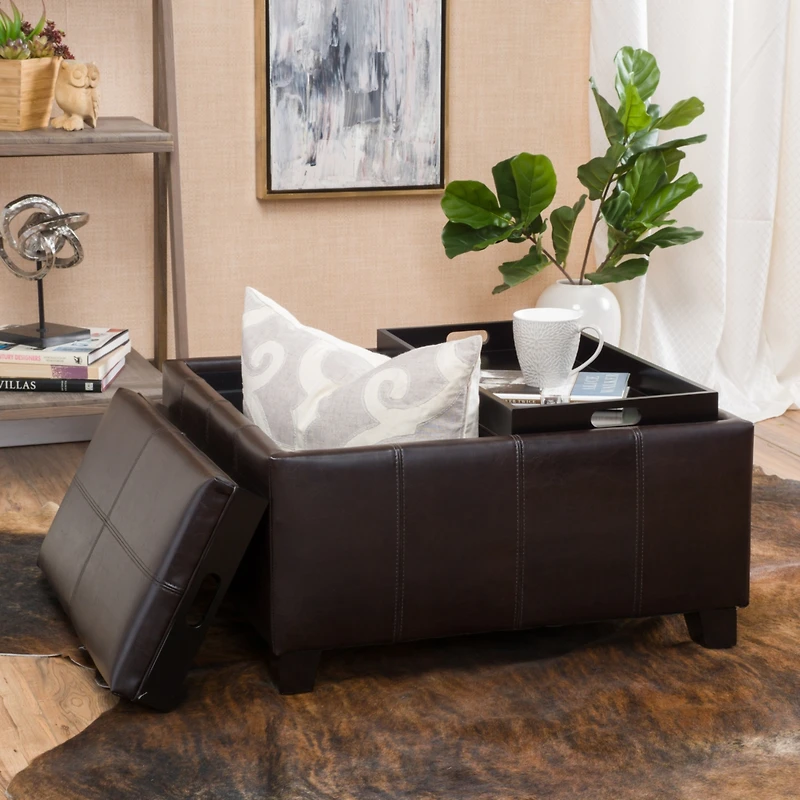 Streamdale Faux Leather Storage Ottoman With Tray Tops