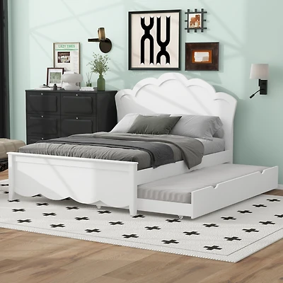 Full Size Wood Platform Bed with Headboard and Twin Trundle