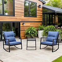 Simplie Fun 3-Piece Outdoor Bistro Set: Rocking Chairs with Blue Cushions