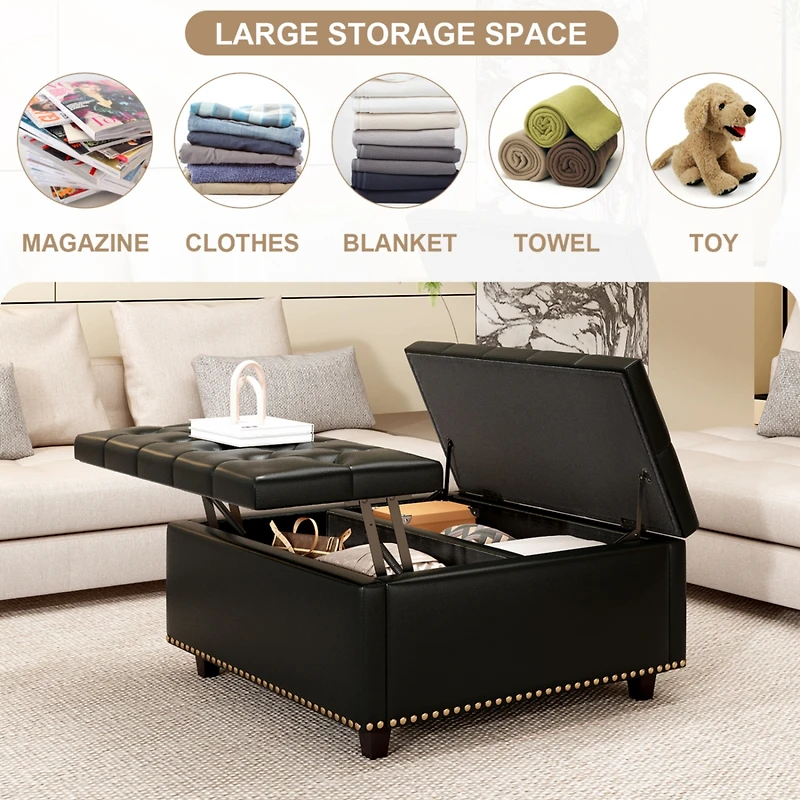Streamdale Pu Leather Oversized Storage Ottoman with Nailhead Trim