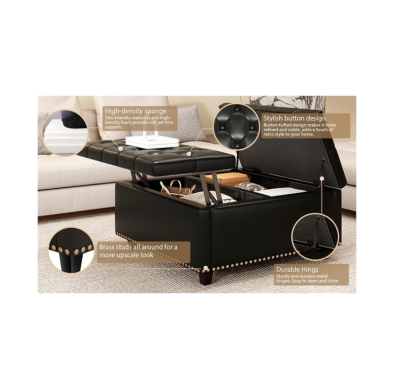 Streamdale Pu Leather Oversized Storage Ottoman with Nailhead Trim