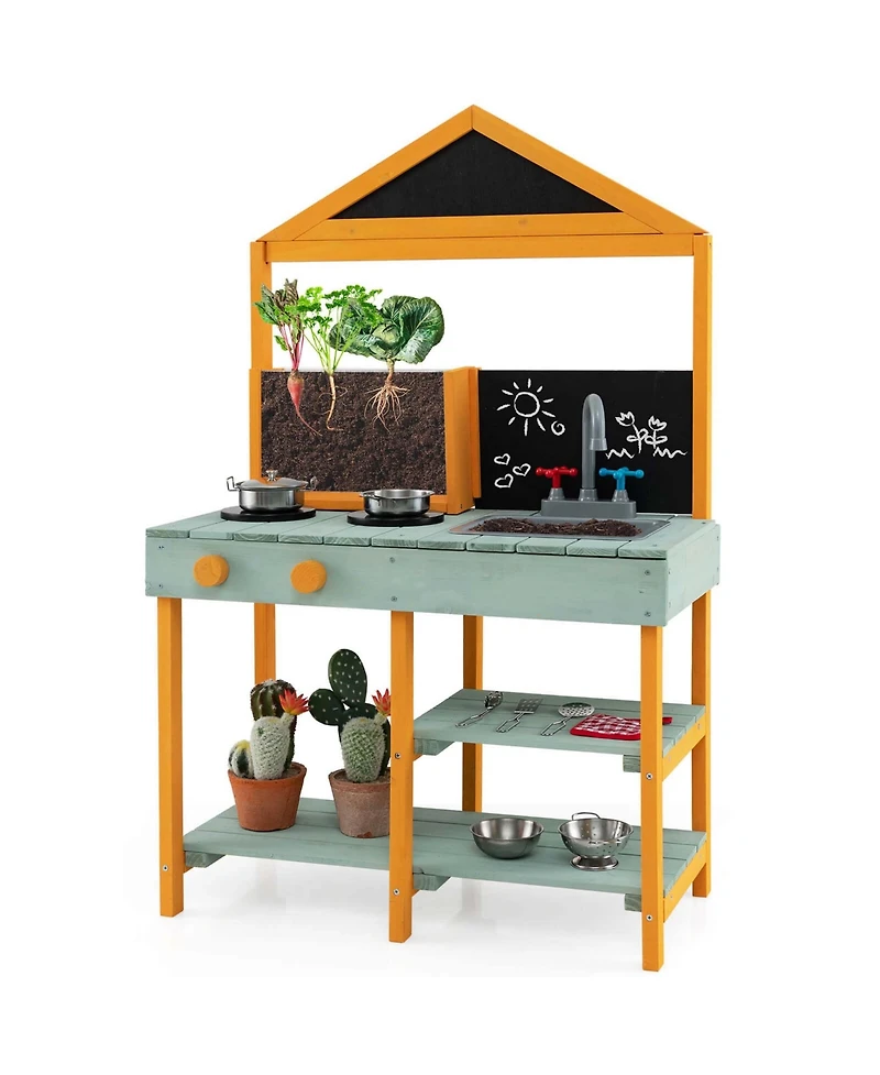 Costway Kids Kitchen Playset Outdoor Mud Kitchen with Root Viewer Planter Removable Sink