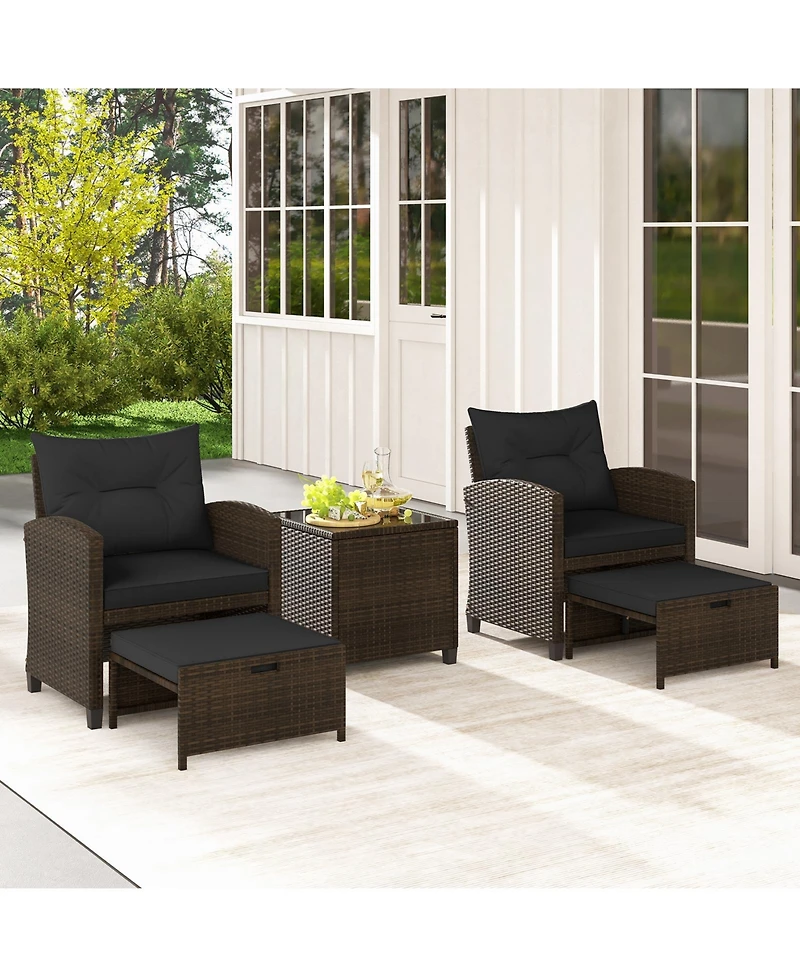 5 Pieces Patio Rattan Furniture with 2 Ottomans and Tempered Glass Coffee Table