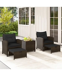 5 Pieces Patio Rattan Furniture with 2 Ottomans and Tempered Glass Coffee Table