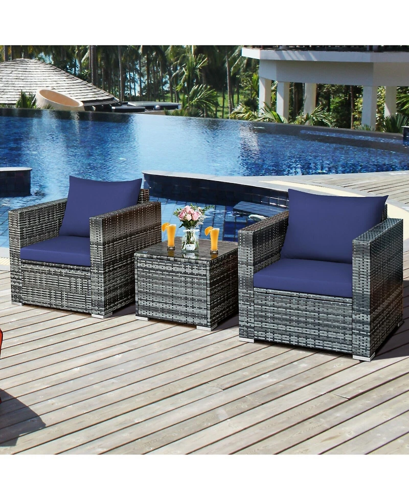 Skonyon 3 Pieces Patio Rattan Furniture Bistro Sofa Set with Cushioned