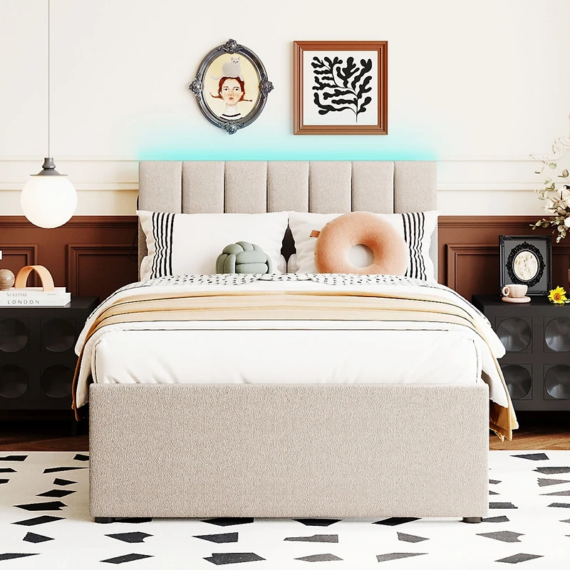 Streamdale Teddy Fleece Twin Platform Bed with Trundle, Led Lights, Beige