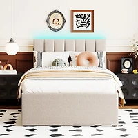 Streamdale Teddy Fleece Twin Platform Bed with Trundle, Led Lights, Beige