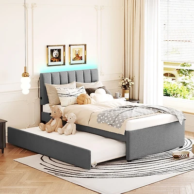 Streamdale Teddy Fleece Twin Platform Bed with Trundle, Led Lights, Beige