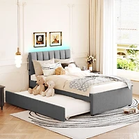 Streamdale Teddy Fleece Twin Platform Bed with Trundle, Led Lights, Beige