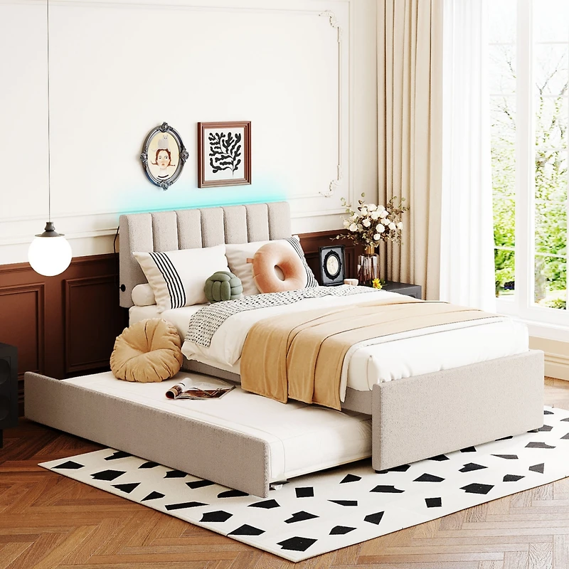 Streamdale Teddy Fleece Twin Platform Bed with Trundle, Led Lights, Beige