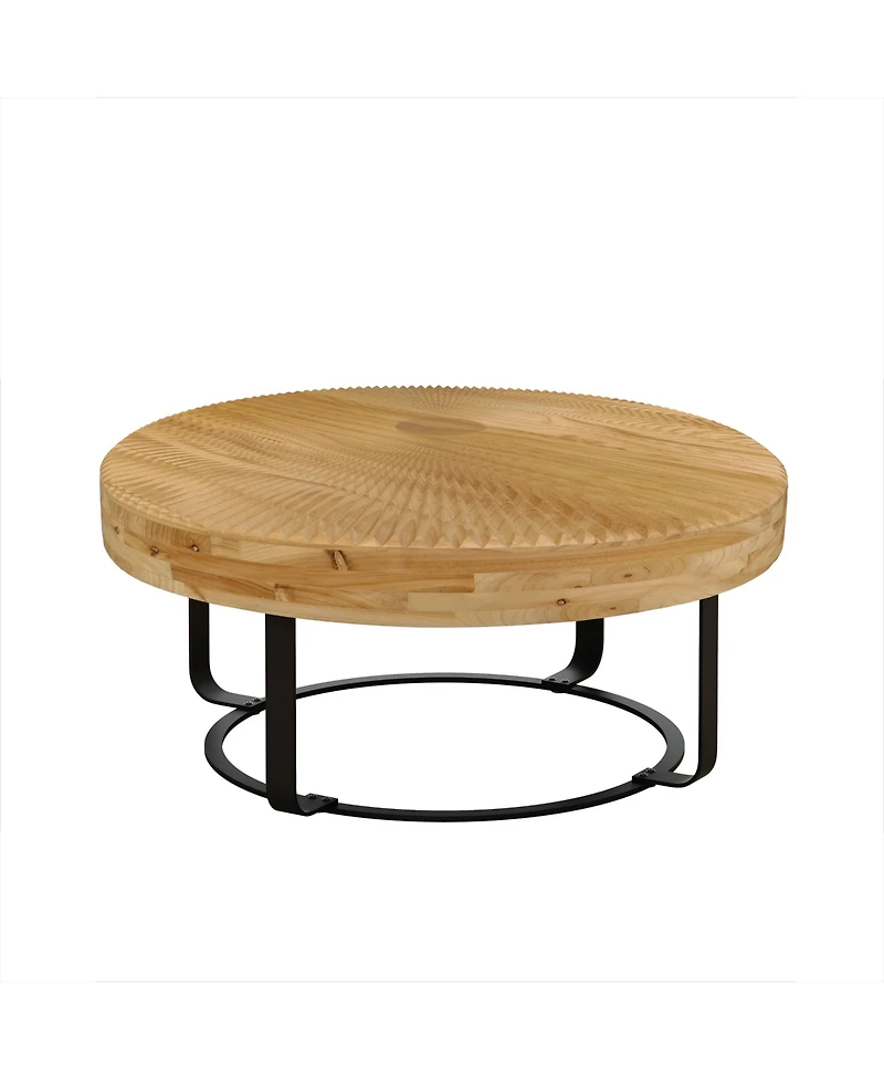 Streamdale Modern Round Coffee Table with Carved Pine Top and Metal Legs