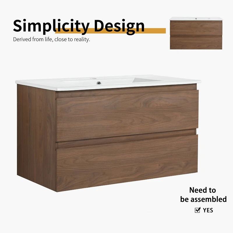 Streamdale 36" Wood Grain Vanity with Ceramic Sink & Soft-Close Drawers