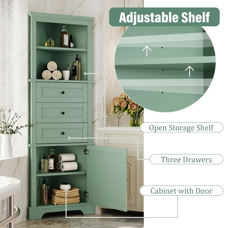 Streamdale Green Triangle Corner Cabinet with Adjustable Shelves & Drawers
