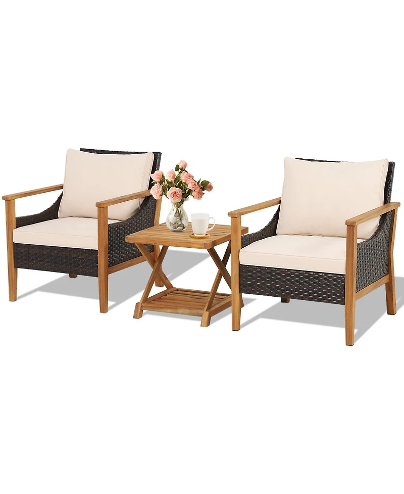Slickblue 3 Pieces Patio Wicker Furniture Set with 2-Tier Side Table and Cushioned Armchairs