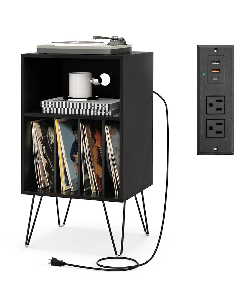 Slickblue Record Player Stand with Charging Station for Living Room Bedroom