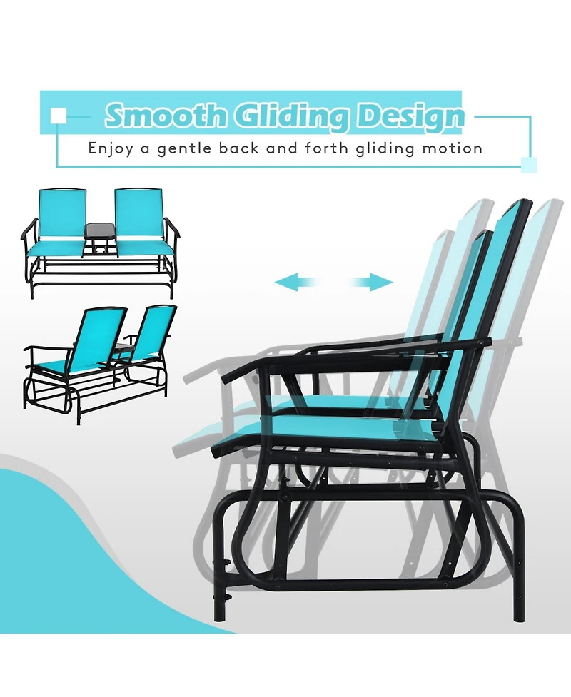 Slickblue 2-Person Double Rocking Loveseat with Mesh Fabric and Center Tempered Glass Table