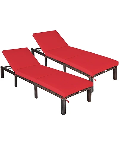 Gymax 2PCS Adjustable Patio Rattan Chaise Lounge Chair Recliner Outdoor w/ Red Cushion