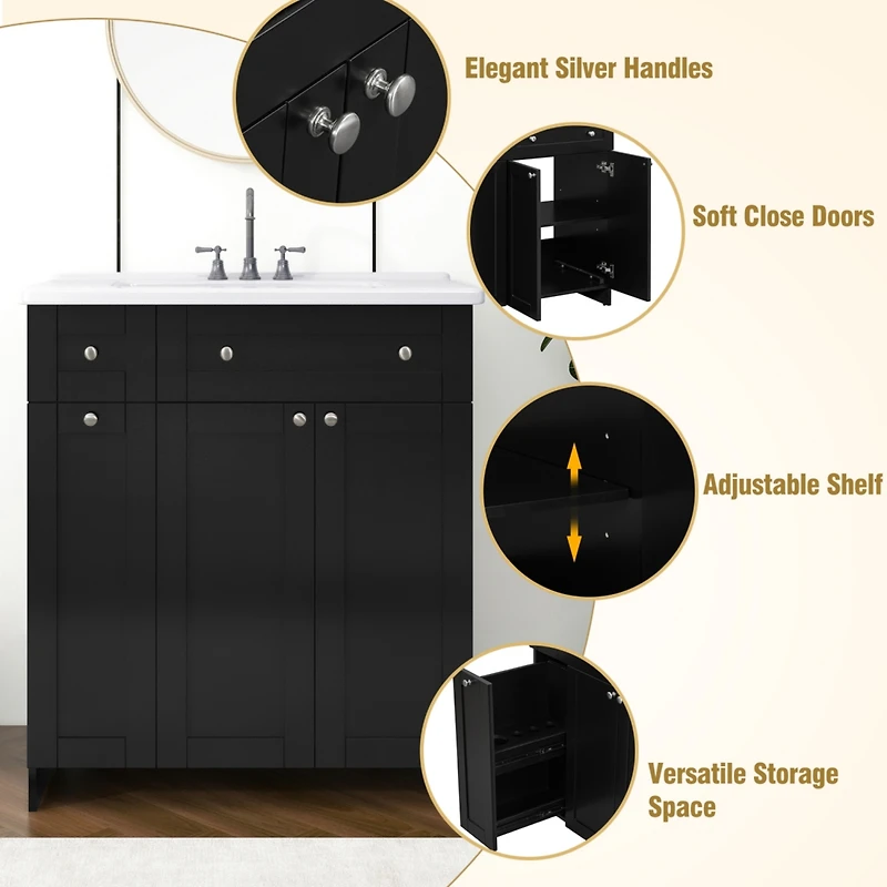 Streamdale 30" Black Bathroom Vanity with Ceramic Sink, Ample Storage