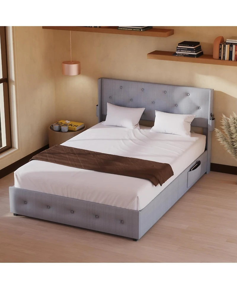 Simplie Fun Full-Size Bed Frame with Storage, Usb Ports, Modern Wingback Headboard