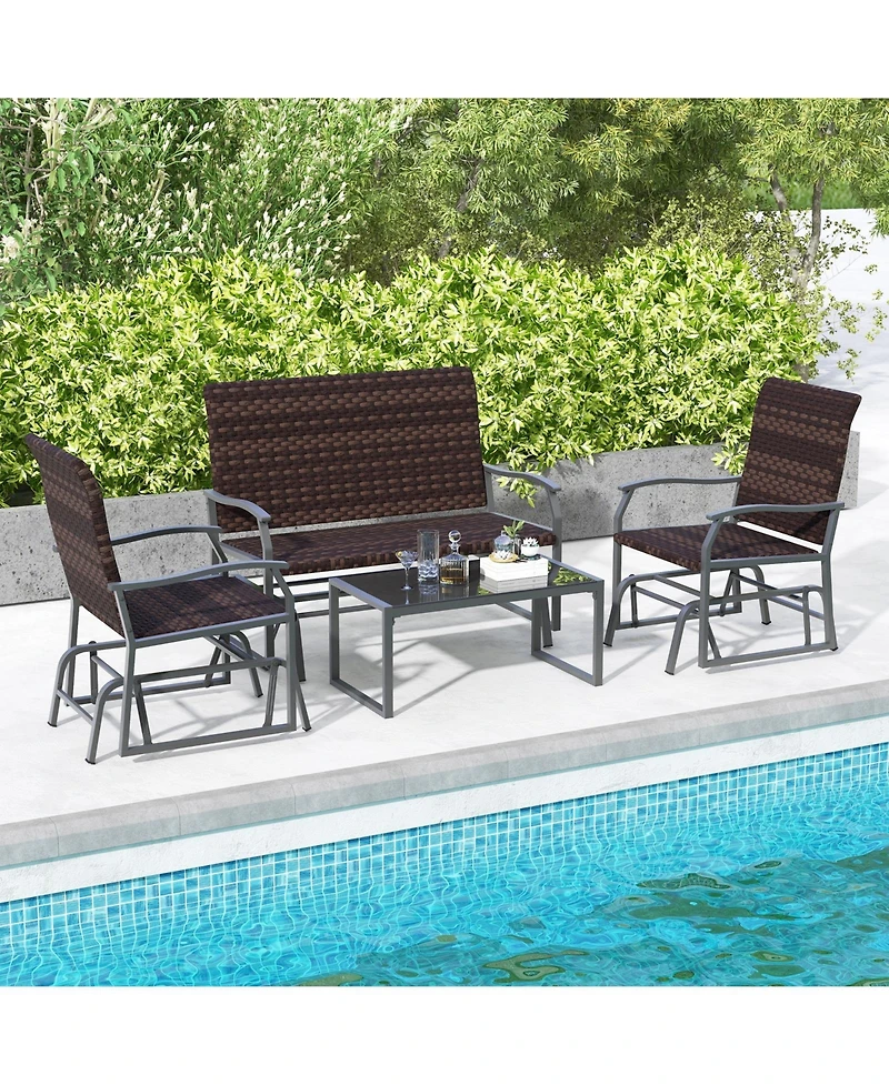 Slickblue 4 Piece Patio Gliding Set Wicker Swing Glider Furniture Set -Brown