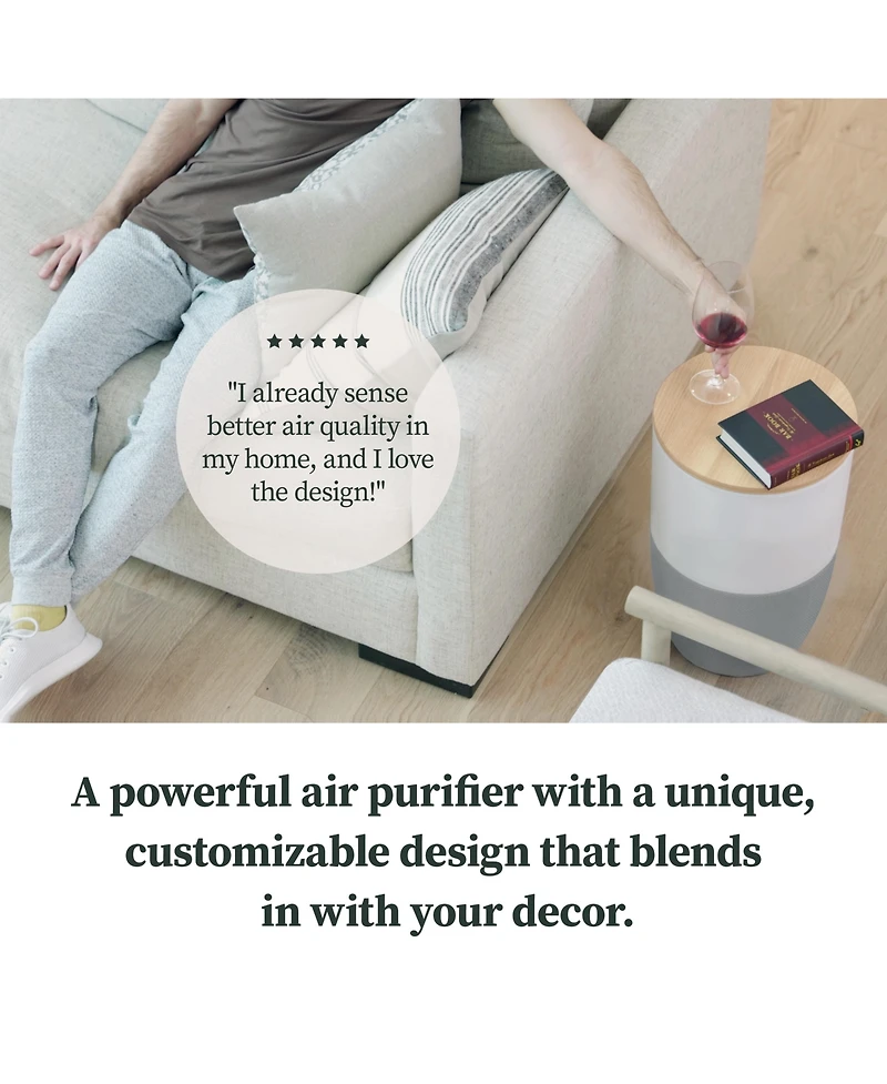 Bloom Air Purifier, Smart Hepa-13 Medical-Grade Filtration, Large Rooms (1,517 Sq. Ft.) with Oak Accent Table