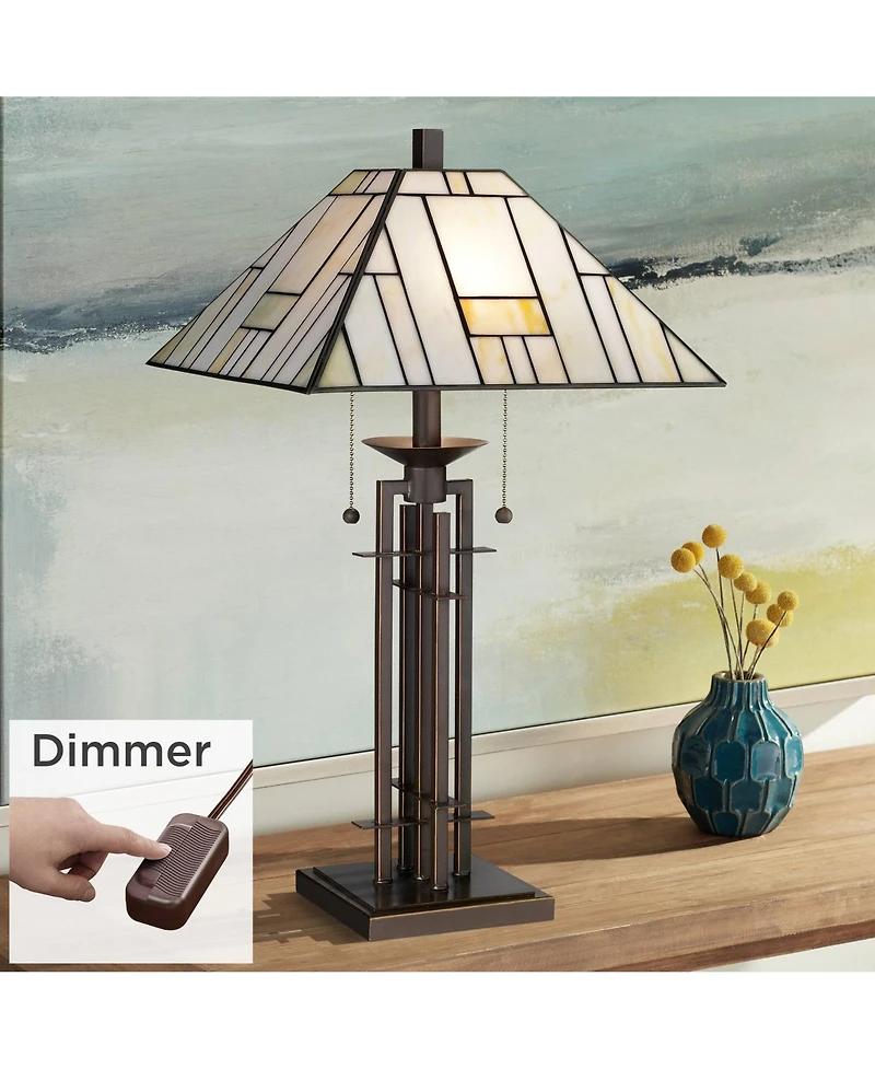 Franklin Iron Works Mission Table Lamp 26 1/2" High Wrought Iron Bronze with Dimmer Tiffany Stained Glass for Bedroom Living Room Bedside Nightst