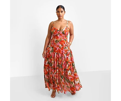 Rebdolls Plus Size Renata Floral Tiered Maxi Skater Dress