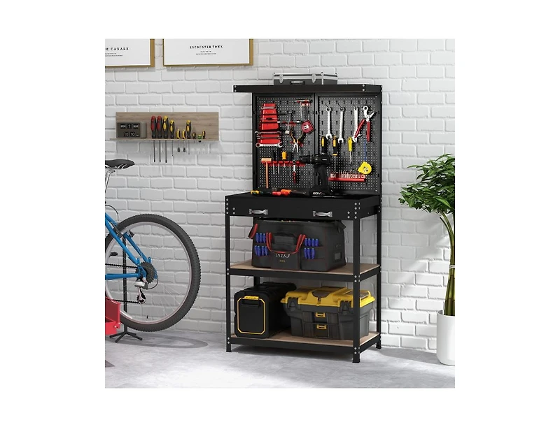 Tool Storage Workbench with Pegboard 14 Hanging Accessories for Garage